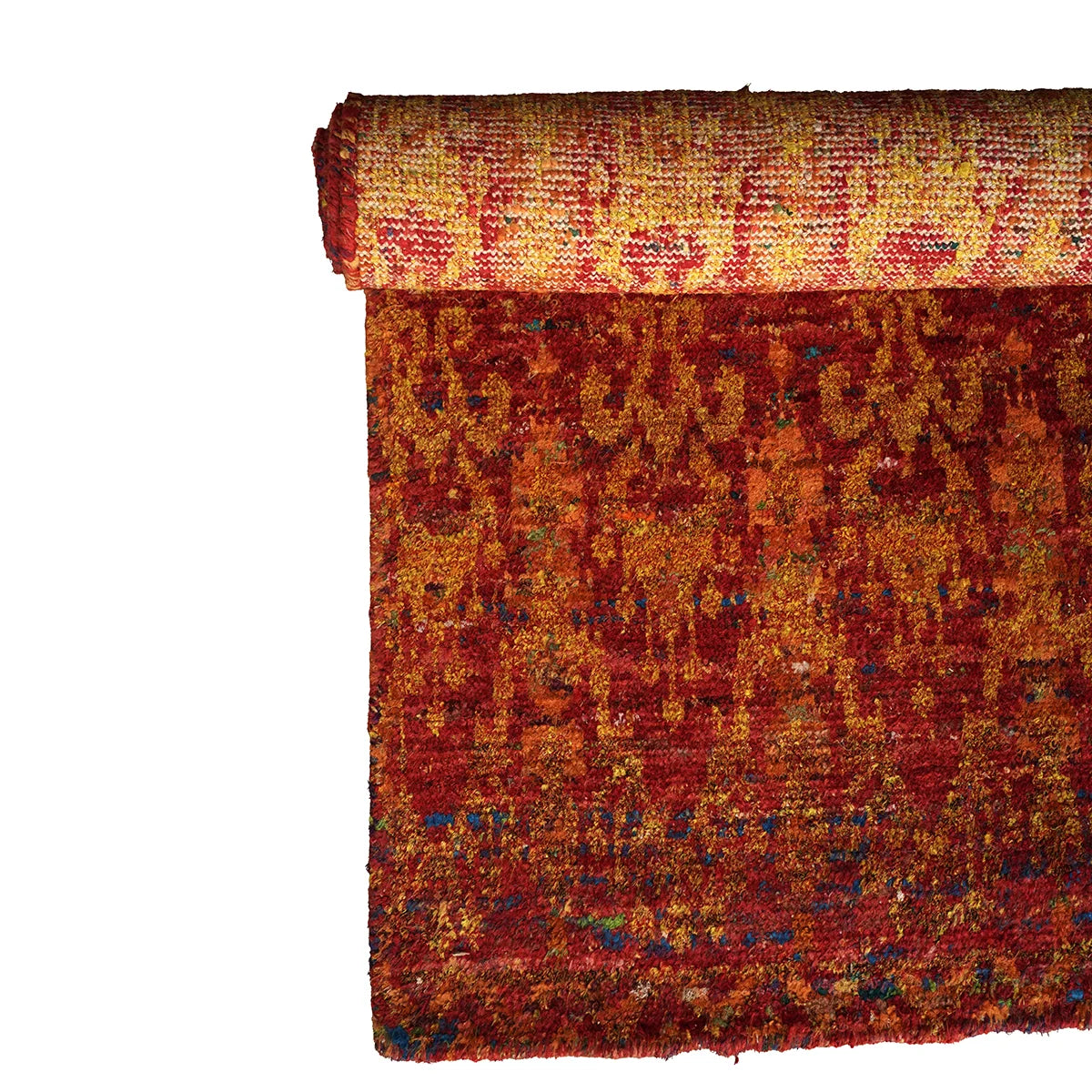 Hand-Knotted Shaggy Rug – Vibrant Damask Pattern in Red, Orange & Gold Tones