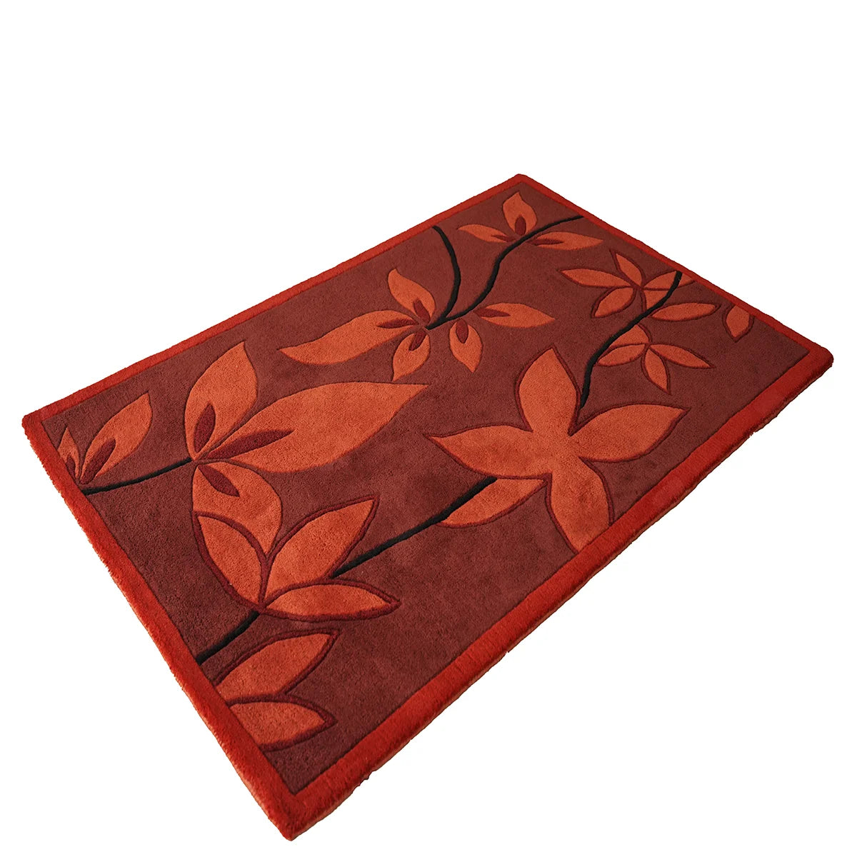 Elegant Hand-Tufted Wool Rug with Floral Leaf Design – Warm Red & Orange Tones