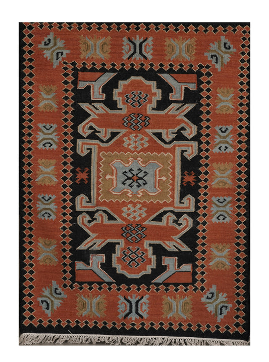 Handwoven Woollen Dhurrie – Traditional Geometric Design in Rust & Black