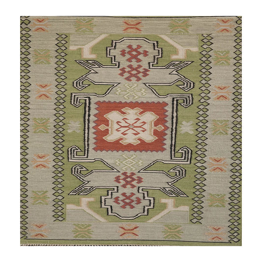 Handwoven Woollen Dhurrie with Geometric Tribal Pattern – Green & Terracotta
