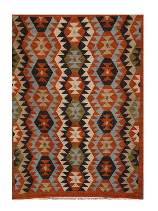 Rustic Geometric Handwoven Woollen Dhurrie Rug