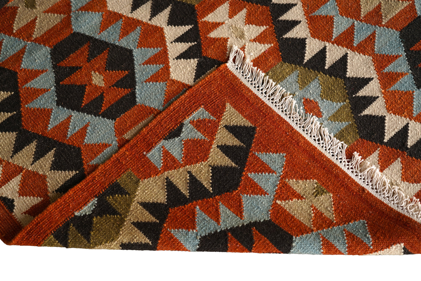 Rustic Geometric Handwoven Woollen Dhurrie Rug