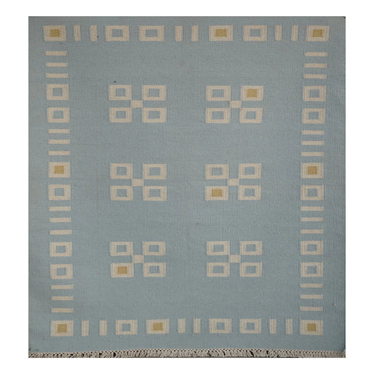 Handwoven Woollen Dhurrie in Soft Blue with Geometric Pattern