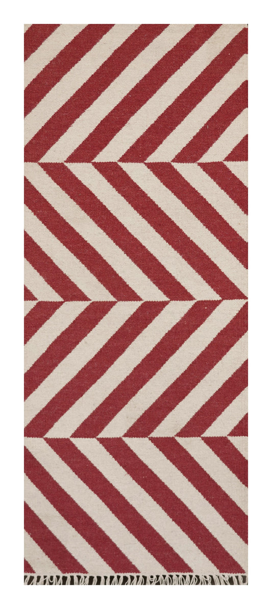 Hand Woven Woollen Dhurrie with Geometric Stripes – Red & Natural