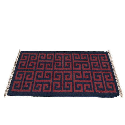 Hand Woven Woollen Dhurrie with Geometric Pattern – Red & Blue