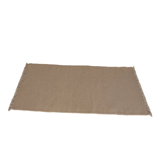Hand Woven Woollen Dhurrie – Minimalist Natural Beige Floor Rug with Fringe Edges