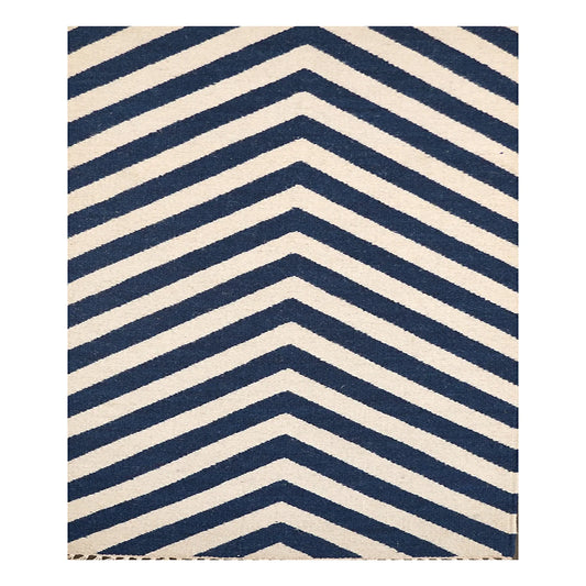 Hand Woven Woolen Dhurrie with Chevron Stripes – Modern Flatweave Rug in Navy & Cream