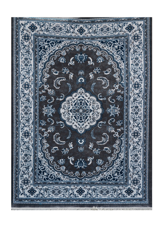 Elegant Machine-Made Persian Style Rug – Blue & Grey Medallion Design