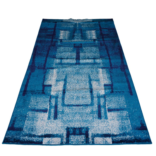 Modern Abstract Blue Geometric Machine-Made Rug