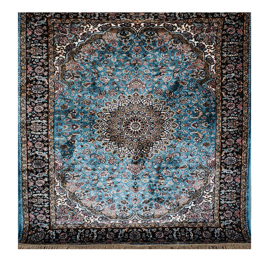 Elegant Persian Style Machine-Made Rug – Blue & Black Floral Medallion Design