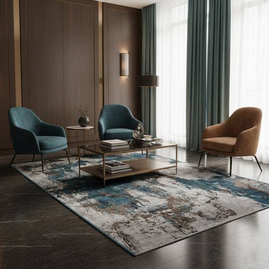Abstract Blue & Beige Machine-Made Rug – Contemporary Area Carpet