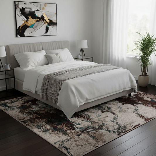 Abstract Modern Machine-Made Rug in Earth & Teal Tones