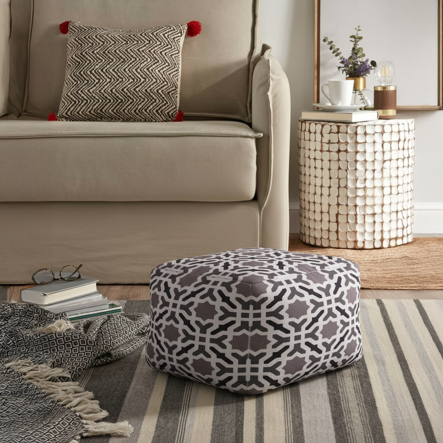 Cotton Printed Ottoman – Stylish Geometric Pouf for Living Room & Bedroom