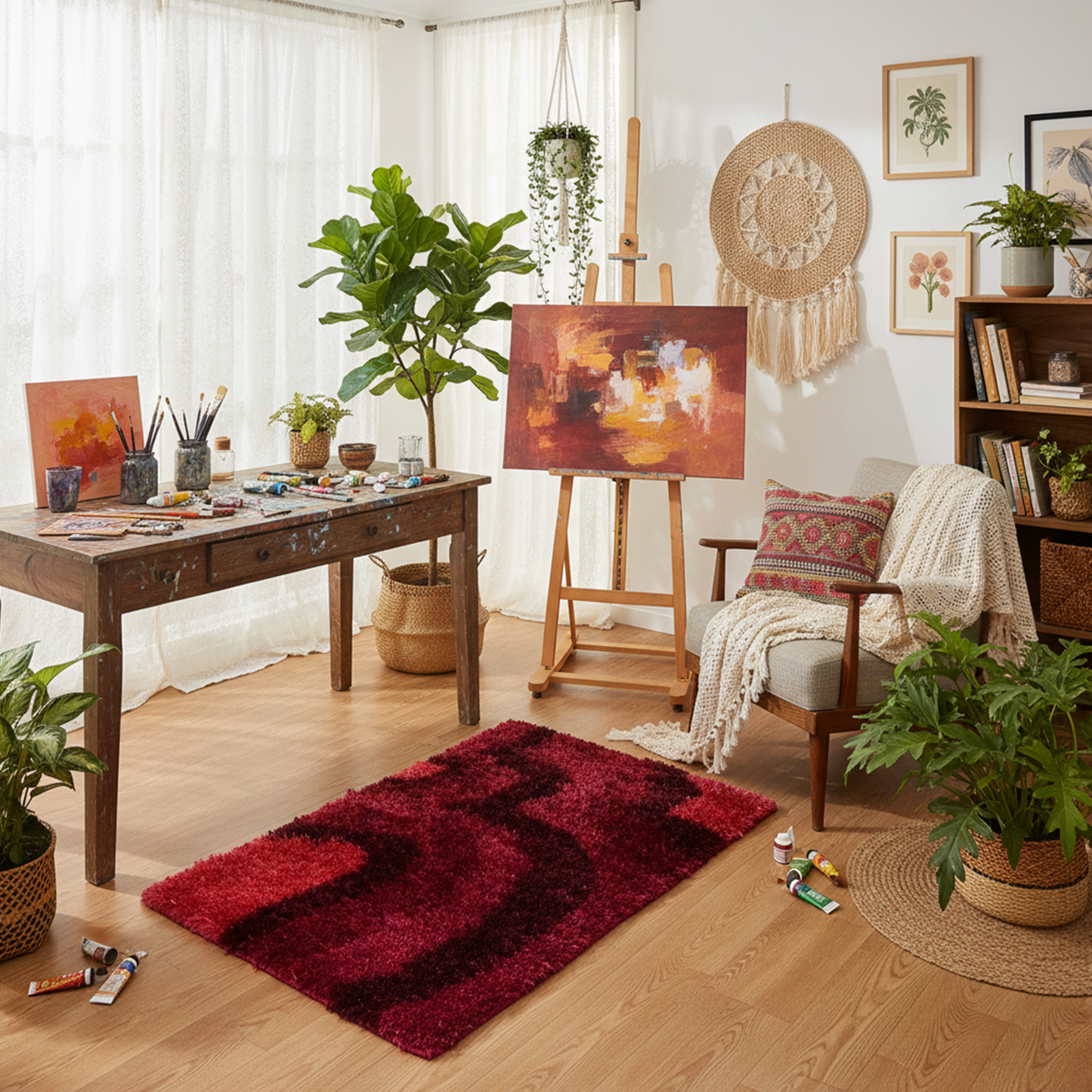 Crimson Swirl Hand Knotted Shaggy Rug