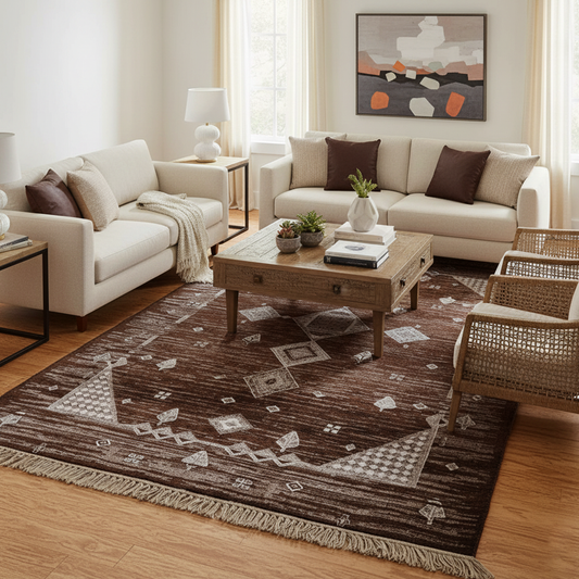 Elegant Geometric Pattern Machine-Made Rug in Rich Brown Tones