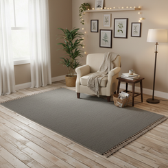 Elegant Hand Woven Woollen Dhurrie with Tassel Edges – Grey