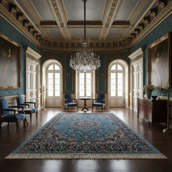 Elegant Persian Style Machine-Made Rug – Blue & Black Floral Medallion Design