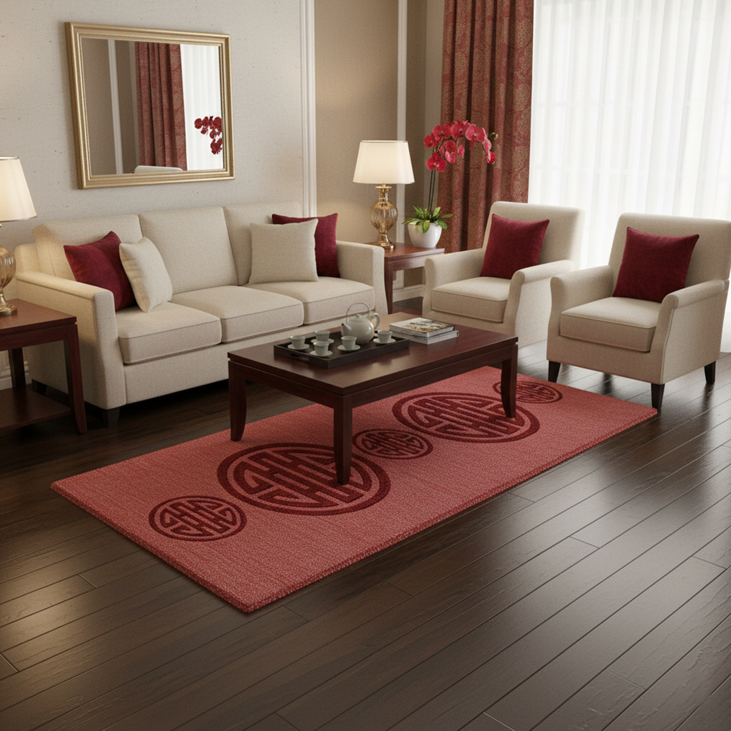 Elegant Red Hand-Tufted Wool Rug with Geometric Medallion Pattern