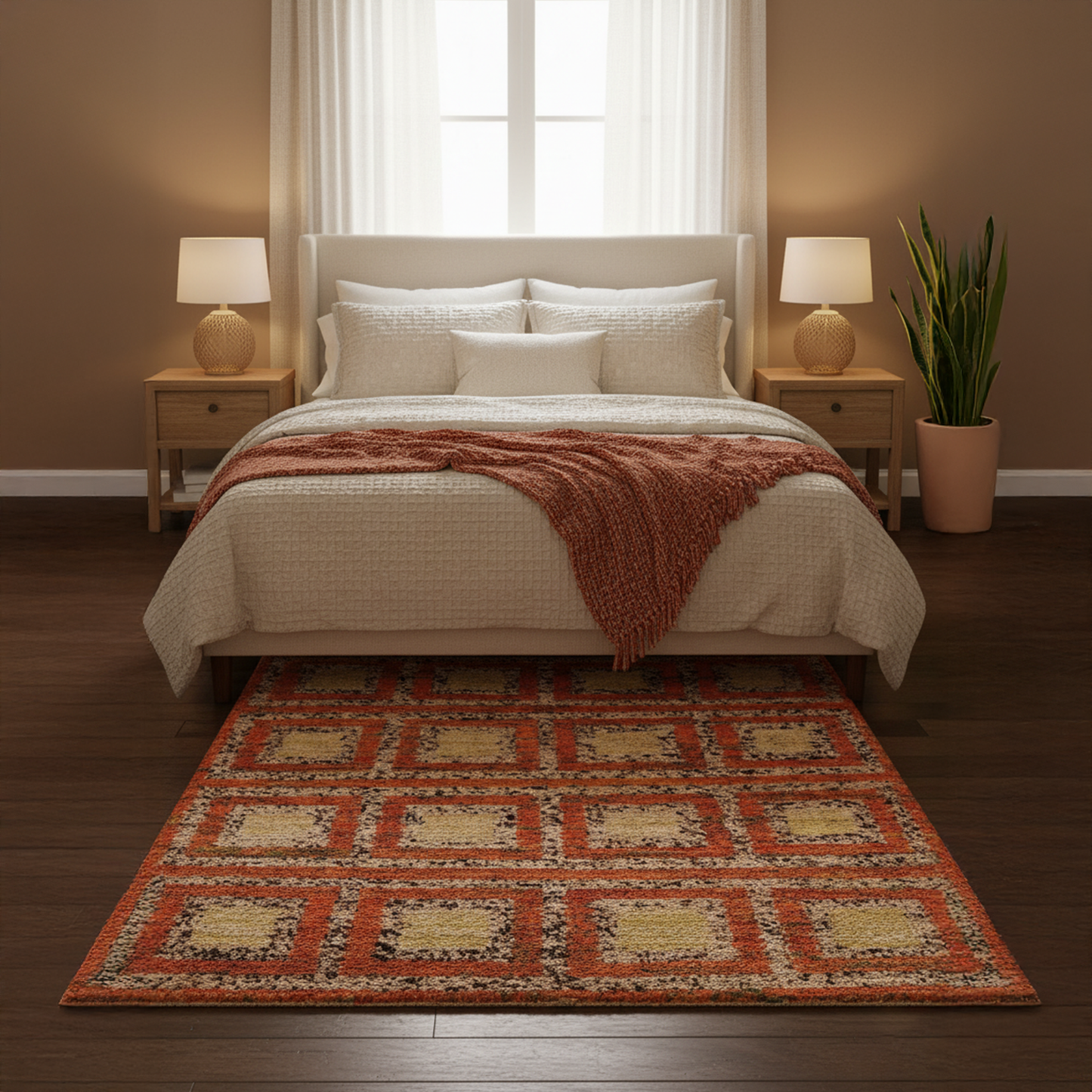 Hand-Knotted Shaggy Rug – Geometric Retro Pattern in Earth Tones