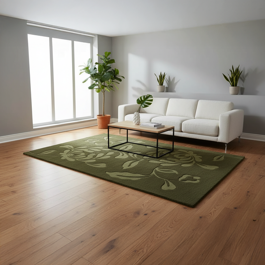 Hand-Tufted Wool Rug with Botanical Leaf Design – Olive Green