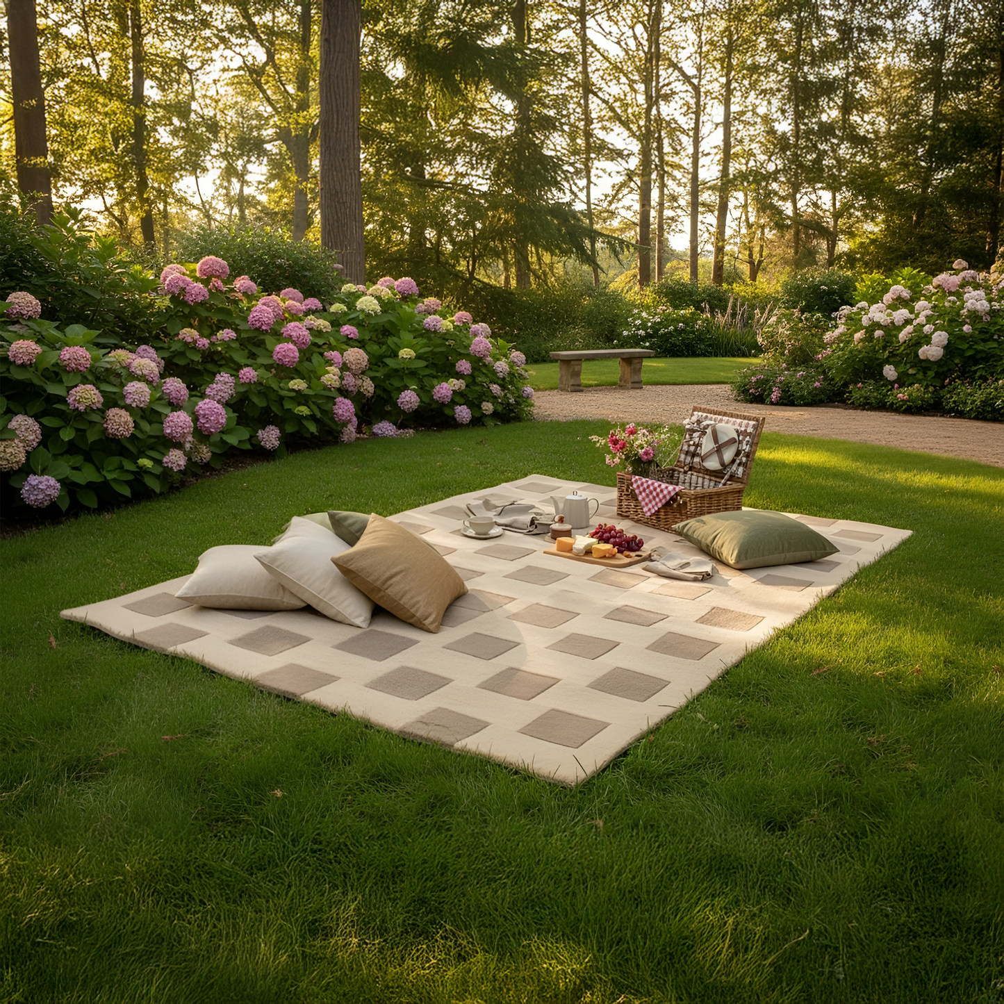 Hand-Tufted Wool Rug with Geometric Square Pattern – Modern Beige & Taupe Area Carpet