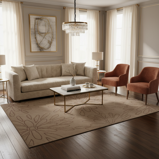 Hand Tufted Woollen Rug – Beige with Rust Floral Line Design