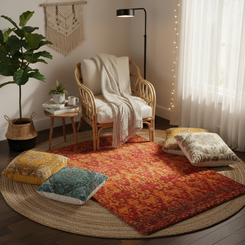 Hand-Knotted Shaggy Rug – Vibrant Damask Pattern in Red, Orange & Gold Tones