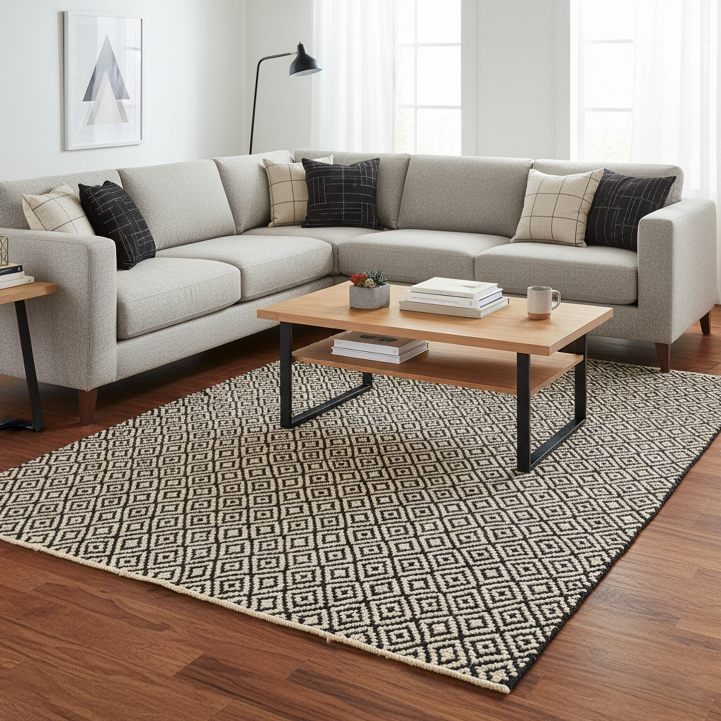 Hand-Woven Cotton Dhurrie – Geometric Black & Beige Flatweave Rug