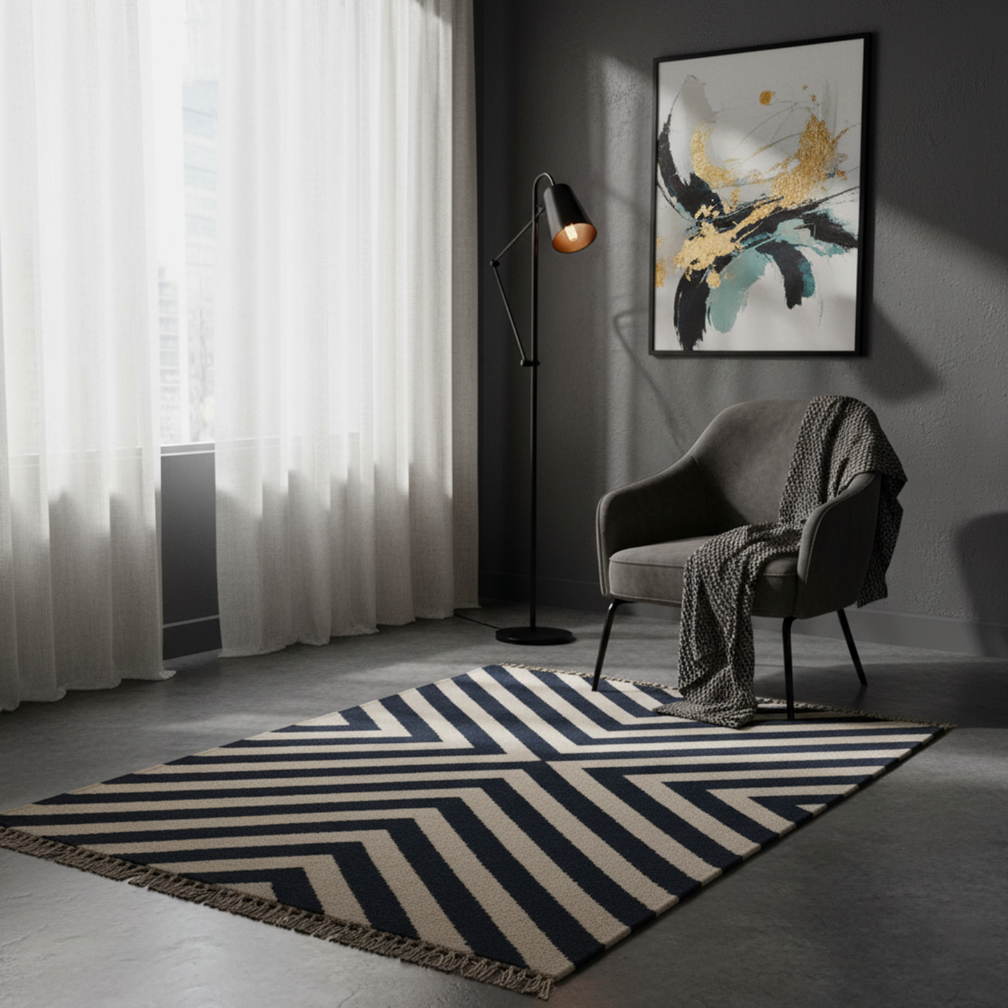 Hand Woven Woolen Dhurrie with Chevron Stripes – Modern Flatweave Rug in Navy & Cream