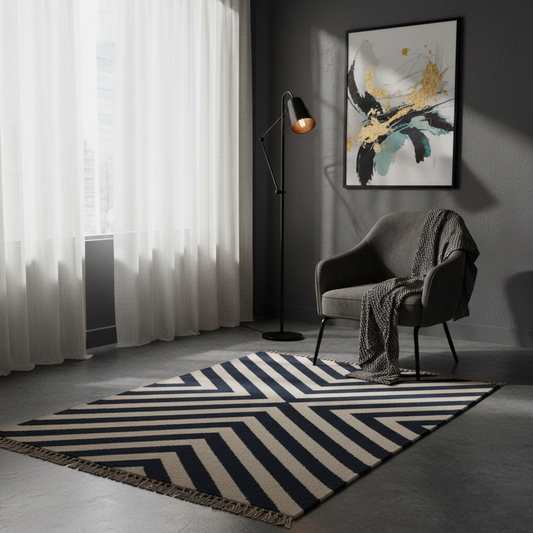 Hand Woven Woolen Dhurrie with Chevron Stripes – Modern Flatweave Rug in Navy & Cream