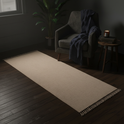 Hand Woven Woollen Dhurrie – Minimalist Natural Beige Floor Rug with Fringe Edges