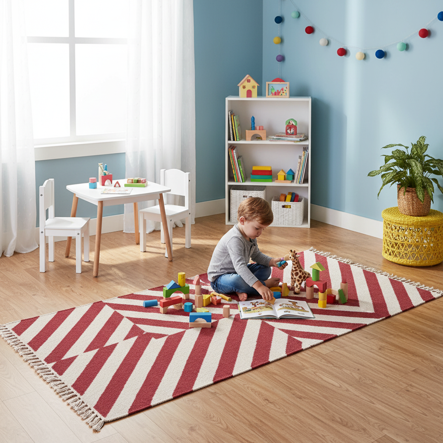 Hand Woven Woollen Dhurrie with Geometric Stripes – Red & Natural