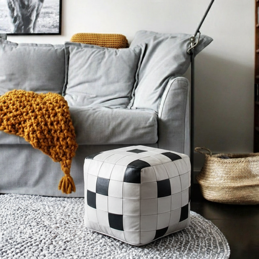 Handcrafted Leather Ottoman – Modern Patchwork Pouf for Living Room & Lounge