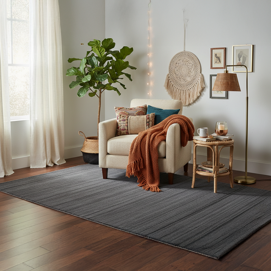 Handloom Woolen Rug in Modern Charcoal Striped Design