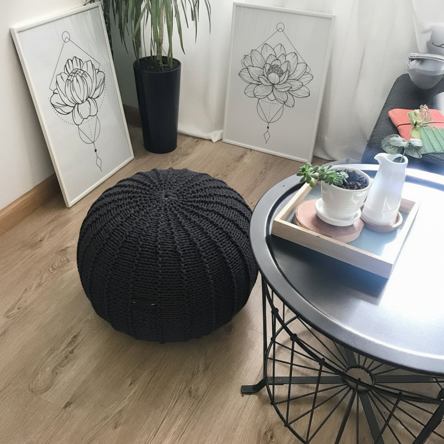 Handmade Cotton Pouf – Knitted Round Ottoman for Living Room & Bedroom