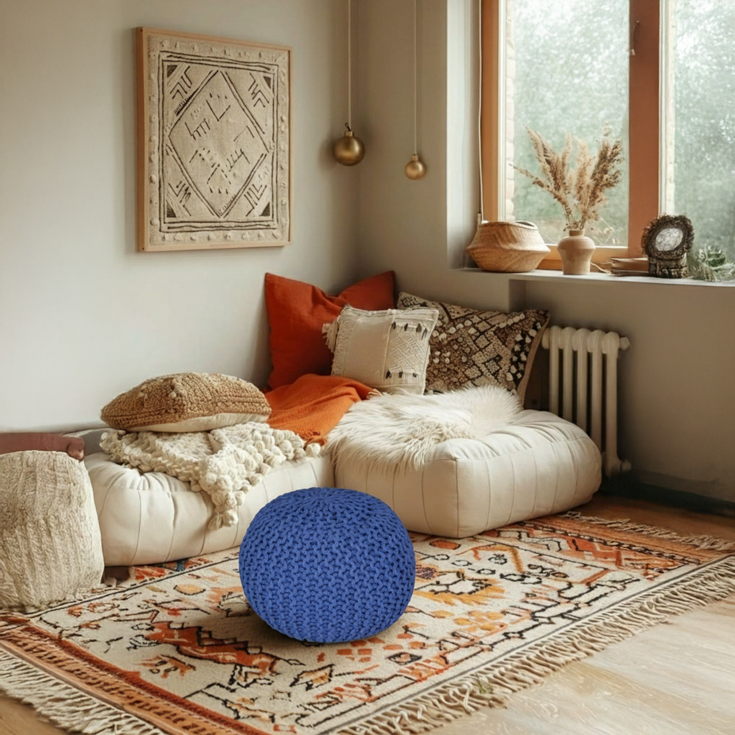 Handmade Knitted Cotton Pouf – Blue Round Ottoman Footstool for Home Décor