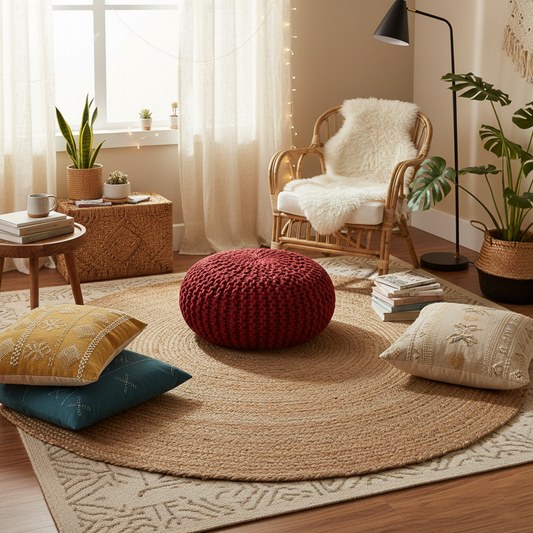 Handmade Knitted Cotton Pouf – Round Ottoman Footstool for Living Room