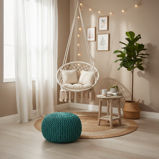 Handmade Knitted Cotton Pouf – Teal Round Ottoman Footstool for Modern Living