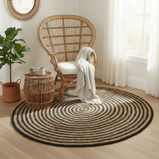 Handwoven Round Jute Rug – Natural & Black Spiral Pattern