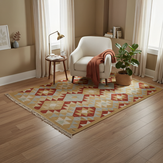Handwoven Woollen Dhurrie with Geometric Tribal Pattern