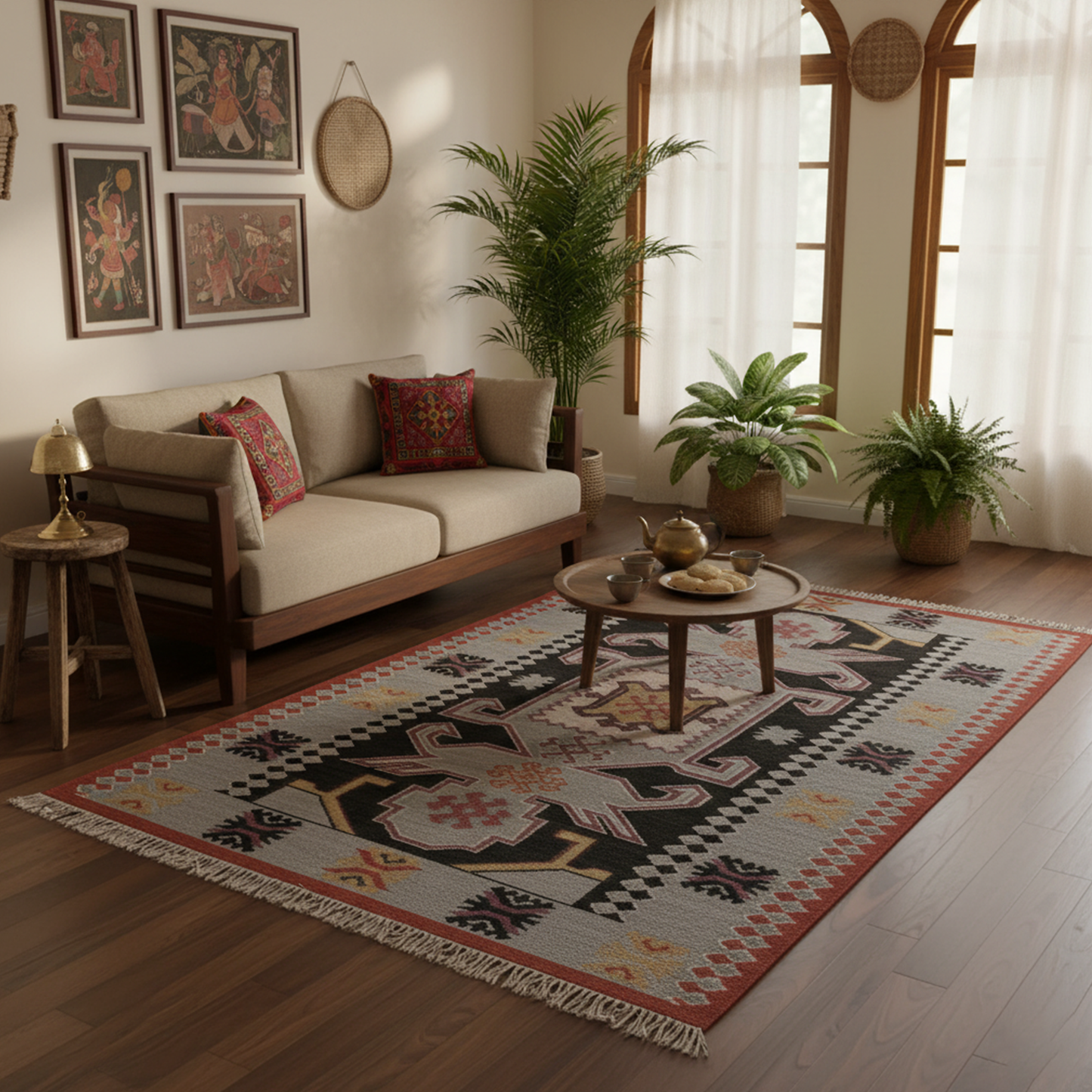 Handwoven Woollen Dhurrie with Traditional Geometric Patterns