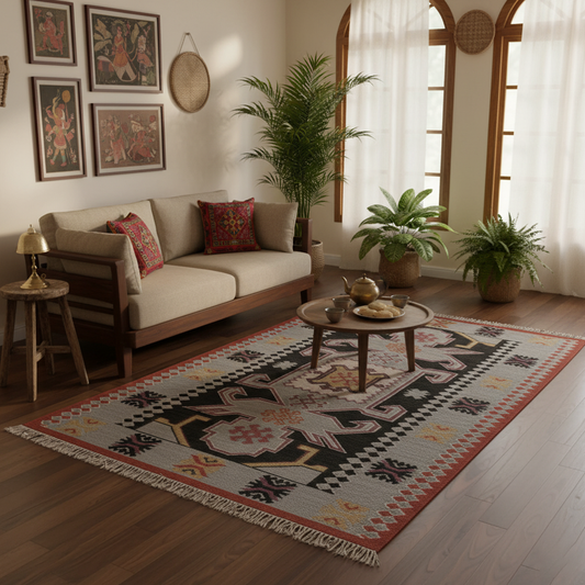Handwoven Woollen Dhurrie with Traditional Geometric Patterns