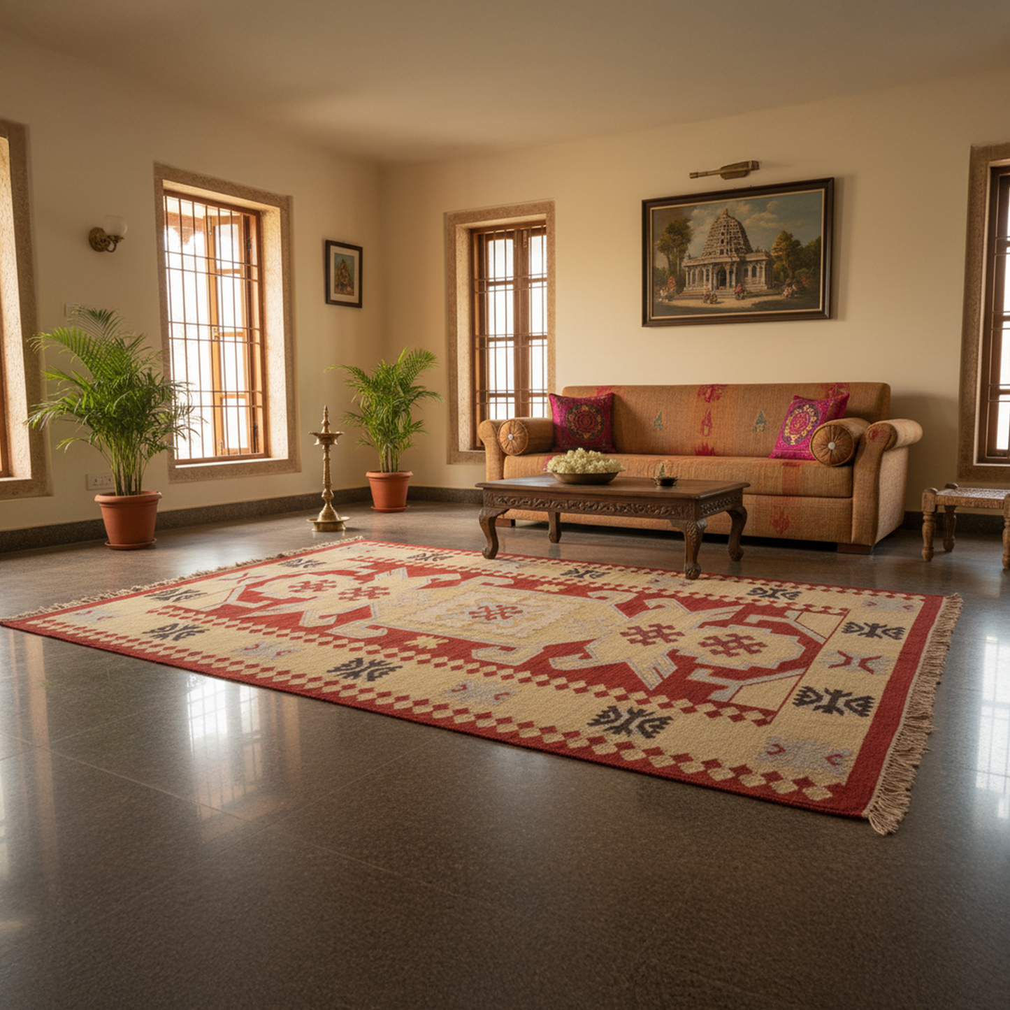 Handwoven Woollen Dhurrie with Traditional Geometric Patterns