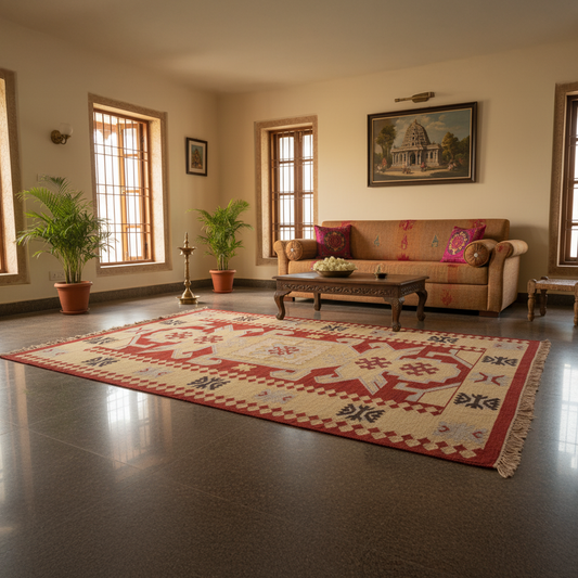 Handwoven Woollen Dhurrie with Traditional Geometric Patterns