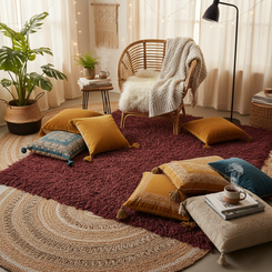 Luxury Hand-Knotted Woollen Shaggy Rug – Deep Burgundy Red