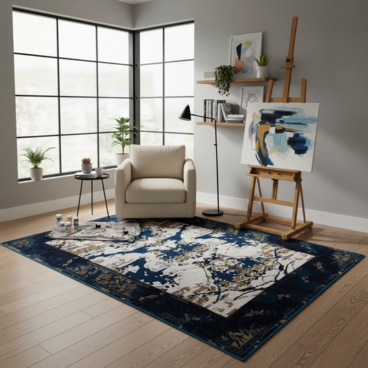 Elegant Abstract Blue & Beige Machine-Made Rug