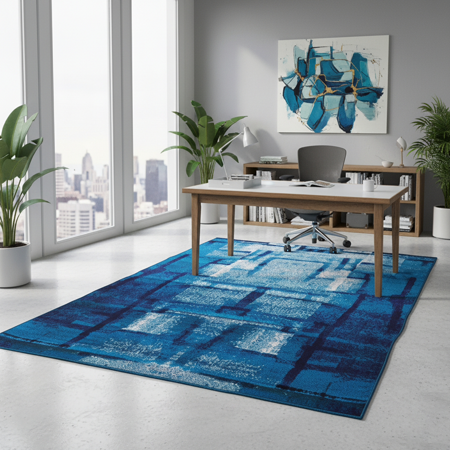 Modern Abstract Blue Geometric Machine-Made Rug