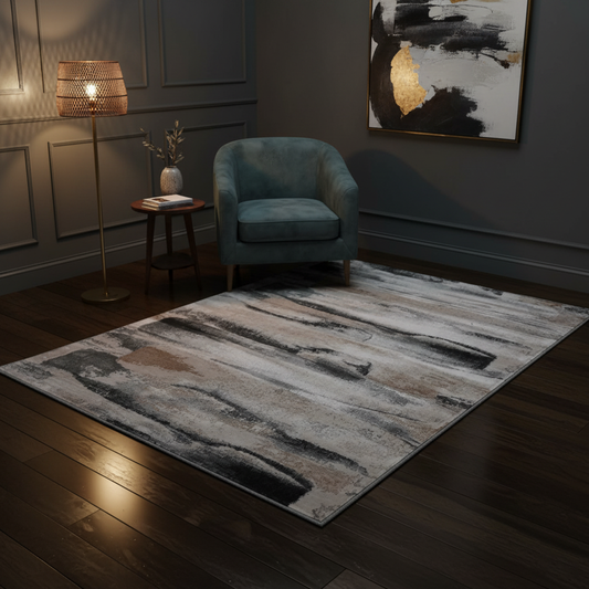 Modern Abstract Machine-Made Rug – Neutral Toned Contemporary Area Carpet