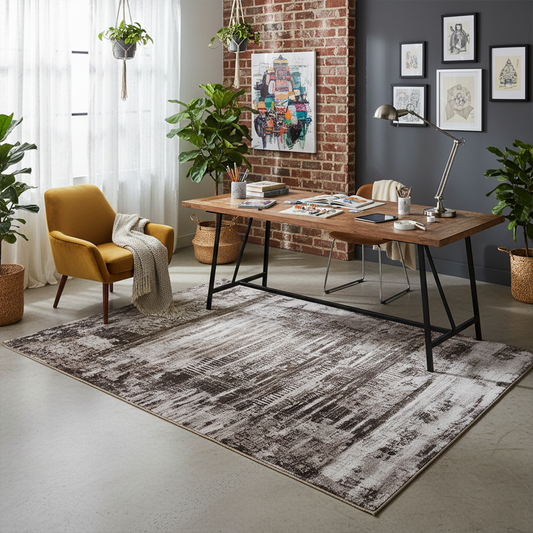 Modern Abstract Machine-Made Rug in Earthy Brown & Beige Tones