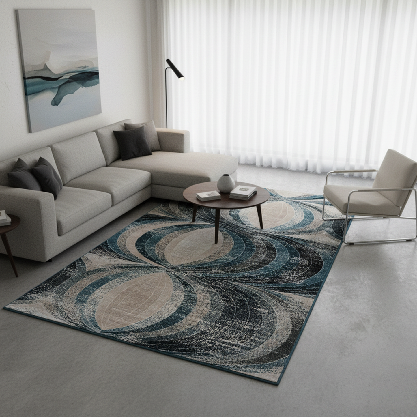 Modern Geometric Pattern Machine-Made Rug in Blue & Beige Tones